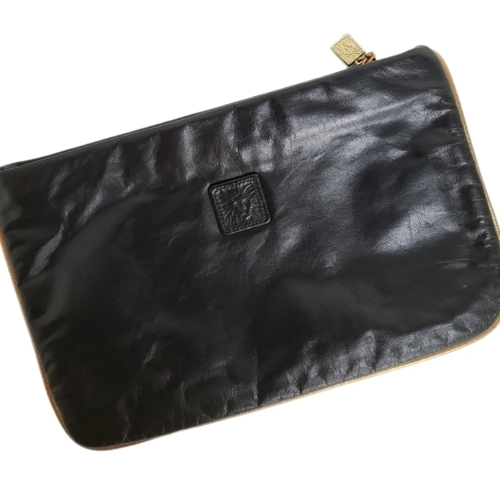 Anne Klein Clutch Bag By Calderon Black Leather with Bronze Trim EUC